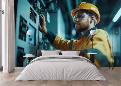 A young male worker in a yellow uniform and hard hat inspects a control panel in an industrial environment. Wall mural