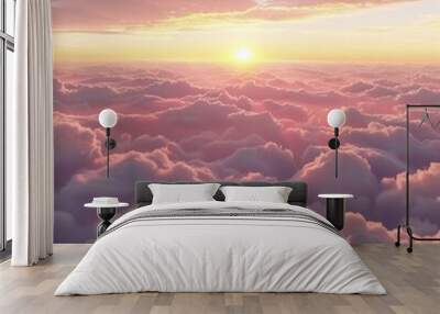 Beautiful aerial view above clouds with sunset. 3d illustration Wall mural