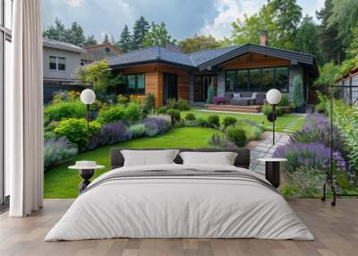 Beautiful backyard landscape design in the garden,Some flowers and nicely trimmed bushes on the leveled front yard  Wall mural