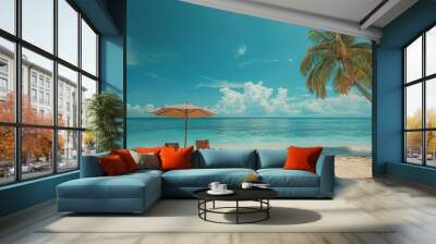 Beautiful outdoor view with umbrella and chair on the beach and sea with coconut palm tree for vacation and travel Wall mural