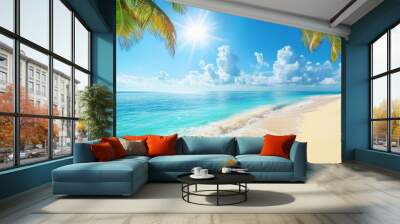 Beautiful tropical island sea beach landscape, turquoise ocean water, yellow sand, sun blue sky white cloud, green coconut palm tree leaves, paradise nature, summer holidays, vacation, tourism, travel Wall mural