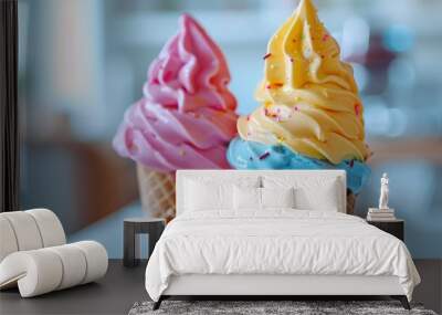 Closeup two colorful ice cream with waffle cone isolated on white background  Wall mural