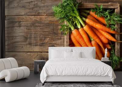 Crate of fresh carrots on wooden background, closeup with space for text. Banner design  Wall mural