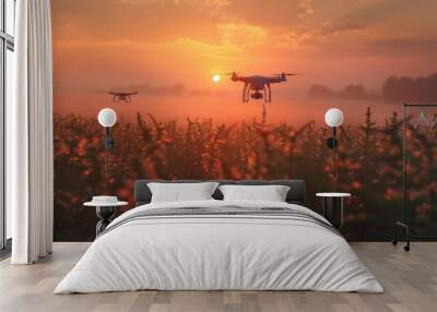 Drones flying in the sky, Drones for agriculture Wall mural