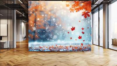 falling leaves snow autumn, winter season tree  Wall mural