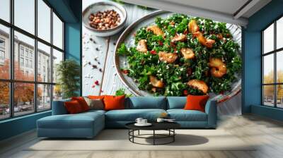 Fried kale, oyster oil with fried garlic in a plate On a white wood table background  Wall mural