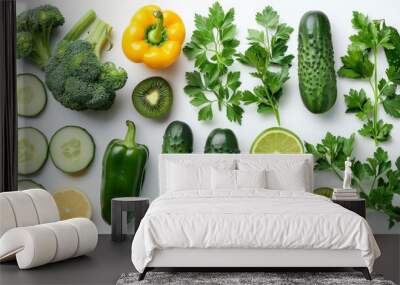 Green vegetables, fruits: peppers, cucumbers, beans, parsley, broccoli, kiwi isolated on white background Top view Flat lay Healthy eating concept Local organic farms food Wall mural