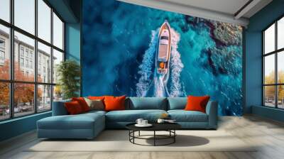 High speed boat rushing along the water surface of warm tropical waters, transfer of tourists. Aerial top view above Wall mural