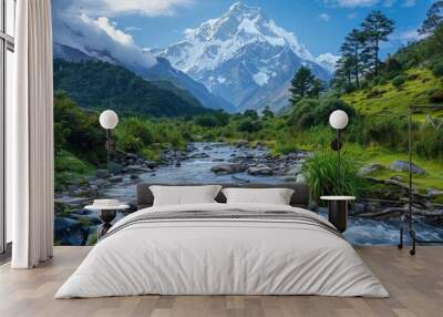 Himalayan Mountains with valley river and prayers  Wall mural