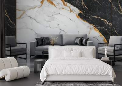 Modern living room interior with grey sofa, black coffee table, and two armchairs in front of marble wall. Wall mural