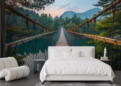 Panorama Bridge overlooking luxuriant trees with bright green leaves against blue sky Wall mural