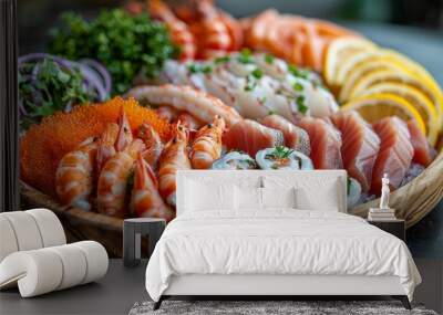 Seafood platter with wood dish and black background Wall mural