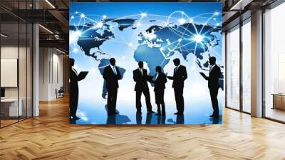 Silhouettes of business people in front of a world map with connecting lines, representing global business and collaboration. Wall mural