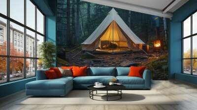 sitting in white camping tent in the forest at night with lantern lights and wood stove, it's night in the forest vibes  Wall mural