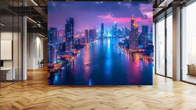 Smart network and Connection technology concept, Bangkok digital city with happy new year 2025 text background at night in Thailand, Panorama view  Wall mural