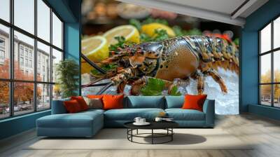 spiny lobster seafood on ice, fresh lobster or rock lobster with herb and spices lemon coriander parsley on background, raw spiny lobster for cooking food or seafood market - top view  Wall mural