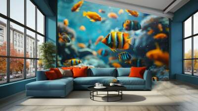 Tropical sea underwater fishes on coral reef. Aquarium oceanarium wildlife colorful marine panorama landscape nature snorkel diving Wall mural