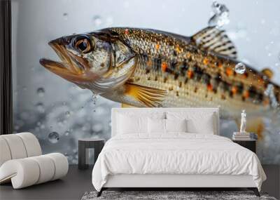 Zander fish isolated on white background. Pike perch river fish jumping out of water Wall mural