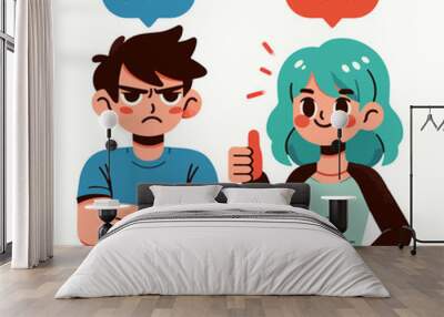 flat design vector cartoon style featuring two characters man and woman with contrasting expressions Wall mural