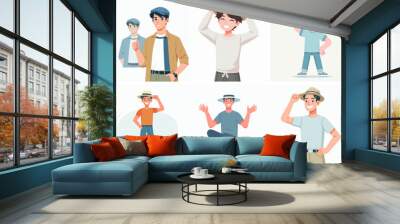 happy young man vector set wearing hat Wall mural