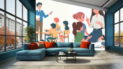 set of vector illustrations of a teacher and students in classroom Wall mural