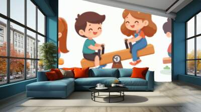 set of vector little boy and girl playing on seesaw Wall mural