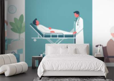 set vector flat nurse helping sick patient Wall mural