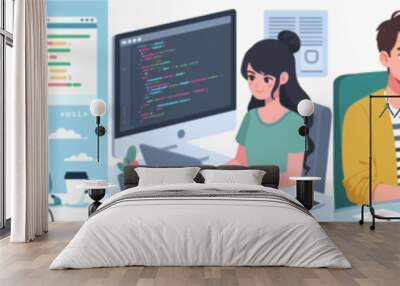 set Vector Illustration of a man and a woman are coding a program Wall mural