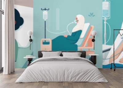 set Vector patient lying in hospital bed with oxygen mask Wall mural