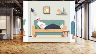 vector illustration of people relaxing on the sofa in flat design style Wall mural