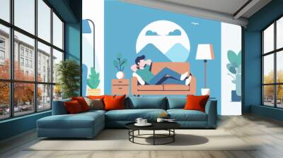 vector illustration of people relaxing on the sofa in flat design style Wall mural