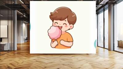 vector set Little boy eating sweet cotton candy and feeling happy Wall mural