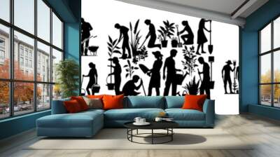 vector set of silhouettes of a group of people gardening Wall mural