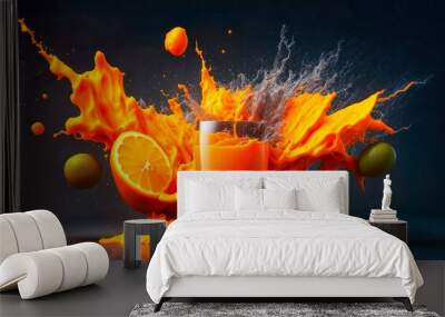 Orange juice fresh and splash exploding, Generative AI Wall mural