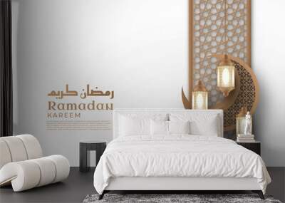 Islamic Realistic Ramadan Kareem Background with moon and hanging lantern in top frame Premium Wall mural