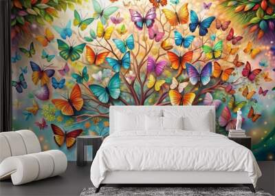 Elegant colorful tree with vibrant leaves hanging branches. Bright color 3d abstraction wallpaper for interior mural painting wall Wall mural