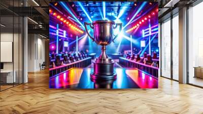 It is a beautiful eSports winner trophy standing on a stage in the center of the Computer Video Games Championship Arena It has two rows of PCs for competing teams and it is decorated with stylish Wall mural