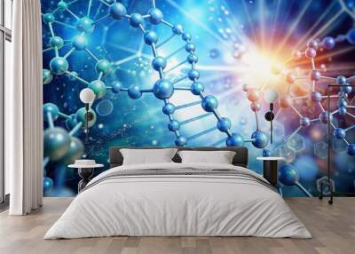 Medical studies of molecular structures. Science in the service of man. Technologies of the future in our life. 3D illustration of a molecule model in neon light Wall mural