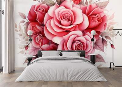 red and pink watercolor rose floral love shape luxury design on white background Wall mural