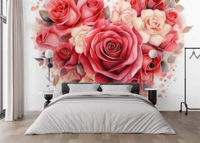 red and pink watercolor rose flower love shape Wall mural