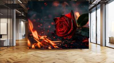 Red rose flower on fire dark background Wall mural