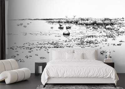 Seascape drawing. Hand drawn coast, stones, water  Wall mural