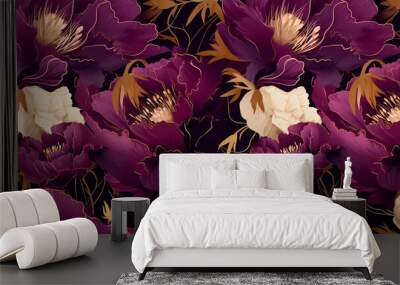 Magenta and golden abstract peony garden flowers, seamless pattern. Horizontal wallpaper Wall mural