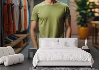 Man wearing blank kiwi green t-shirt mockup in store. Mock up template for design print photos Wall mural