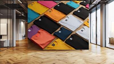 Various color t-shirt on wooden background. Mock up template for design print photos Wall mural