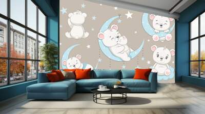 A collection of cute bears, sleeping on the moon, dreaming and flying in a dream on the clouds. Cartoon vector illustration. Wall mural