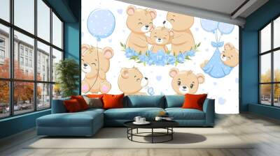 A collection of cute family bears, for boys. Flowers, balloons and hearts. Cartoon vector illustration. Wall mural