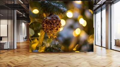 Christmas trees decorated with balls and lights, garlands on a city street, close-up. Wall mural