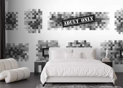 Black censor pixel bar concept. Censorship mosaic sign, censored bar and nudity pixel blur. The shape of the rectangle, square, oval, circle. Black and white illustration Wall mural