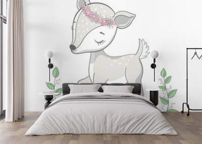 Cartoon young deer with branches on white background. Cute bambi animal vector. Wall mural